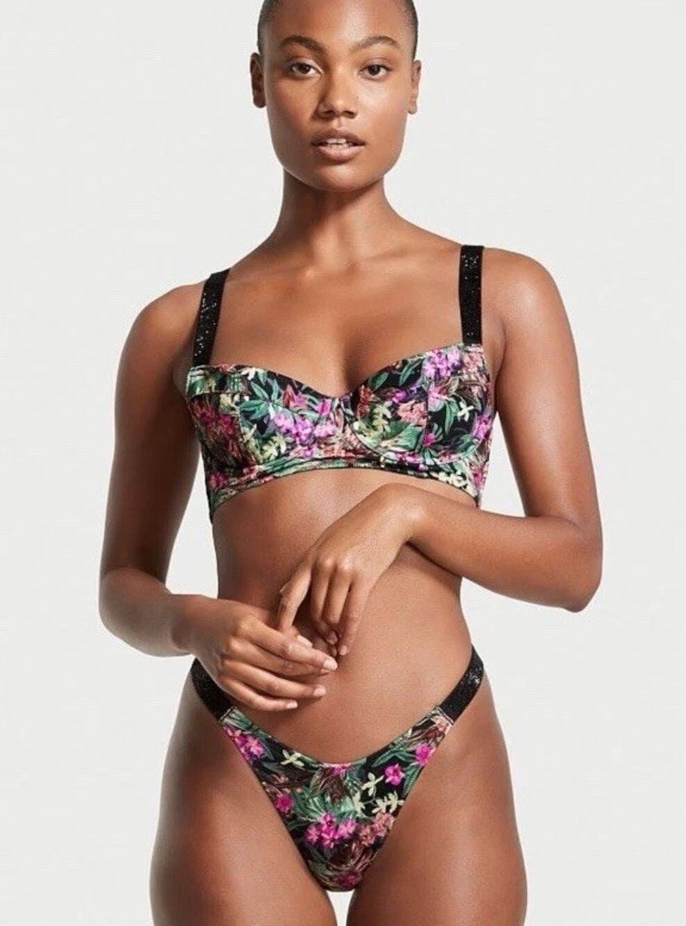 Victorias Secret 34B Bikini M bottom Shine Strap Black Palm Tropical Rhinestone